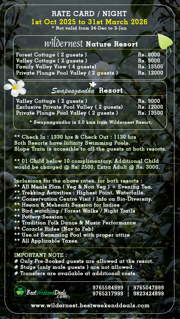 Rates for Wildernest Nature Resort Chorla Ghats Goa
